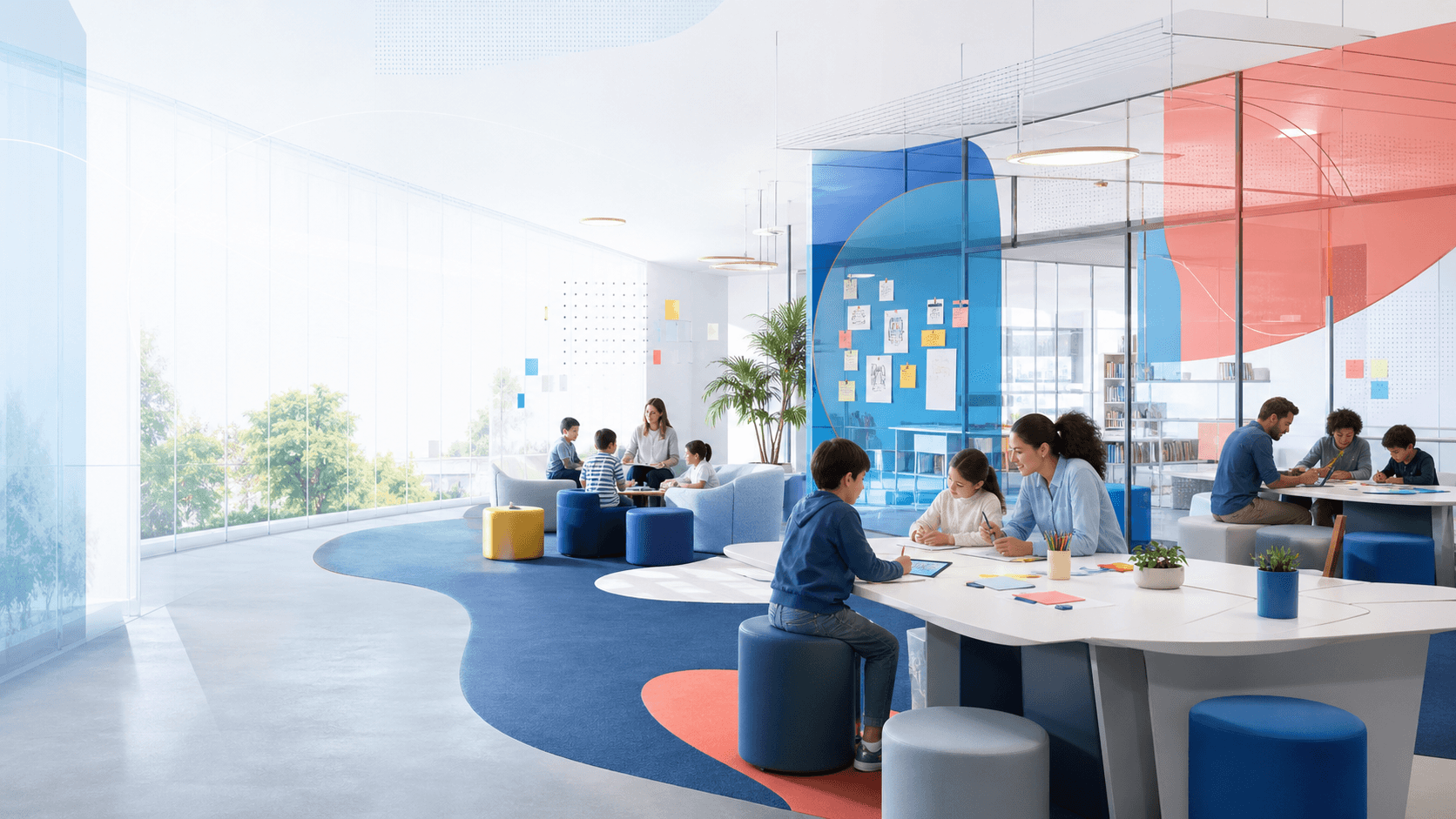 A bright Koydo learning commons with learners, parents, and teachers working together